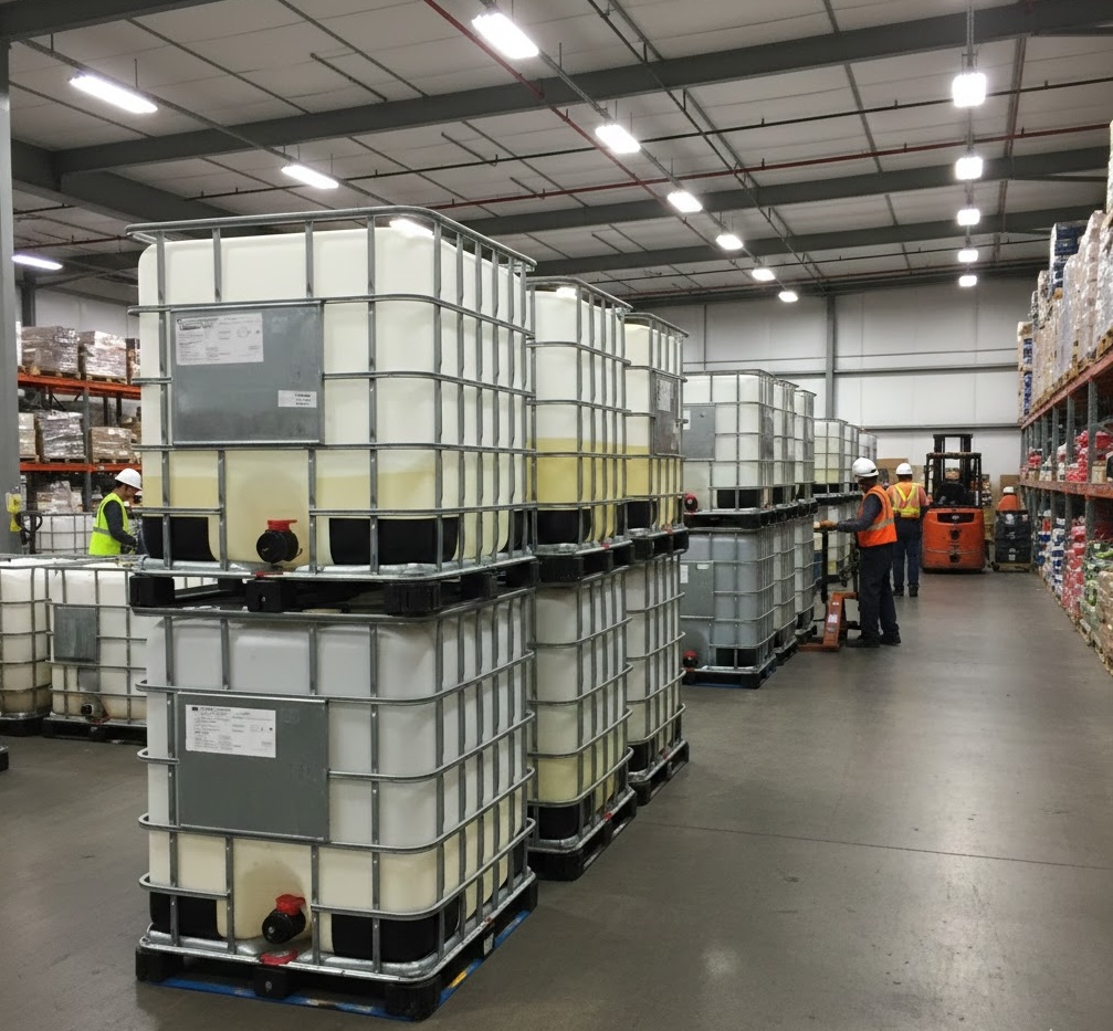 Workers handling IBC tanks in warehouse